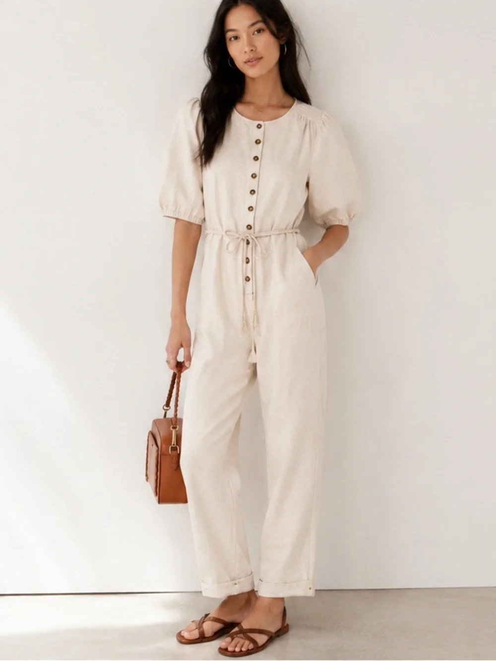 Madewell Women's Linen Blend Jumpsuit Puff-Sleeve Tassel-Tie Ivory Sz Medium NWT - Picture 3 of 8